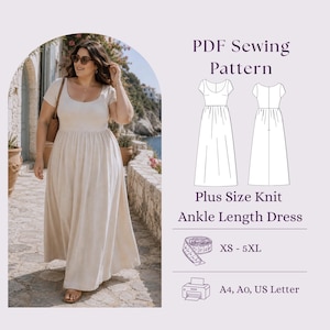 May include: A PDF sewing pattern for a plus size knit ankle length dress. The image displays a beige short-sleeved dress with a scoop neckline and gathered waist, alongside technical line drawings, size range XS-5XL, and printer formats.