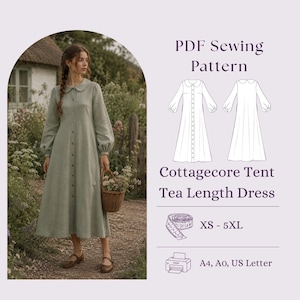 May include: A PDF sewing pattern for a tea-length tent dress with a Peter Pan collar and long sleeves. The image displays a finished sage green dress, technical line drawings, size range XS-5XL, and printer compatibility for A4, A0, and US Letter.