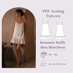 Peut inclure: Un patron de couture PDF pour une mini-robe à ourlet volanté, dotée d'un décolleté bénitier et de fines bretelles. Le graphique inclut des dessins techniques de la robe, le texte "PDF Sewing Pattern Romantic Ruffle Hem Mini Dress", les tailles XS-3XL et des icônes d'imprimante pour les formats A4, A0 et US Letter.