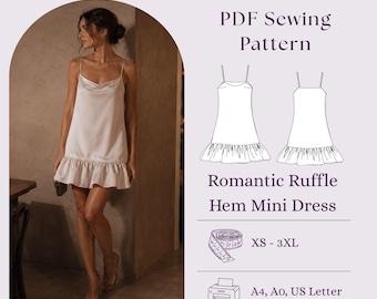 Romantisches Minikleid mit Rüschensaum Schnittmuster PDF, Satin Slip Dress DIY