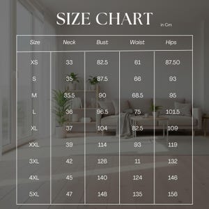 May include: A size chart in a grid format, with measurements in centimeters. The chart includes sizes XS to 5XL, listing neck, bust, waist, and hip measurements. The text "SIZE CHART" is at the top.