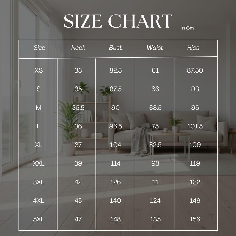 May include: A size chart in a grid format, with measurements in centimeters. The chart includes sizes XS to 5XL, listing neck, bust, waist, and hip measurements. The text "SIZE CHART" is at the top.