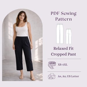 May include: A PDF sewing pattern for relaxed fit cropped trousers. The graphic includes text, a line drawing of the trousers, a measuring tape icon, and a printer icon. The text reads: PDF Sewing Pattern, Relaxed Fit Cropped Pant, XS-5XL, A4, A0, US Letter.