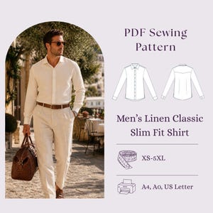 Cartamodello PDF per camicia da uomo in lino slim fit, camicia elegante su misura con bottoni fai da te