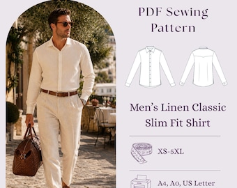 Mens Linen Slim Fit Shirt Sewing Pattern PDF, Tailored Button Up Dress Shirt DIY