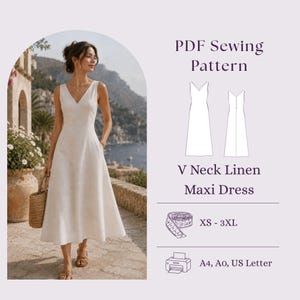 Molde em PDF para vestido maxi de linho com decote em V profundo, look de verão sem mangas em linho com decote em V.