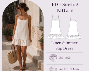 Linen Summer Slip Dress Sewing Pattern PDF, Ruffle Hem Mini Dress DIY