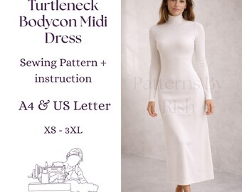 Rollkragen Bodycon Midi Kleid Schnittmuster , tailliert Langarm (Digitaler Download)