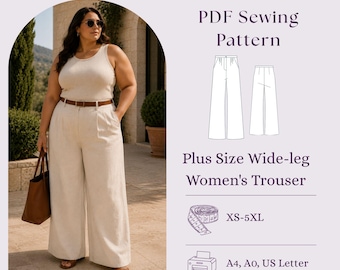 Plus Size Wide Leg Trousers Sewing Pattern PDF, High Waist Palazzo Pants DIY