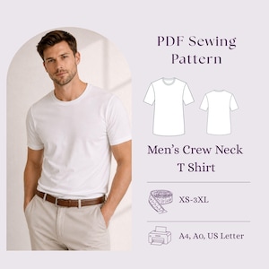 May include: A white crew neck t-shirt is worn by a person in the image. The image also includes a PDF sewing pattern for a men's crew neck t-shirt, with size options from XS to 3XL, and printer paper size options.