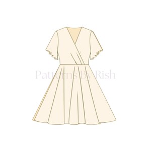 May include: An illustration of a cream-colored dress with a V-neckline and short, ruffled sleeves. The dress has a fitted bodice and a flared skirt. The text "Patterns By Rish" is visible in the image.