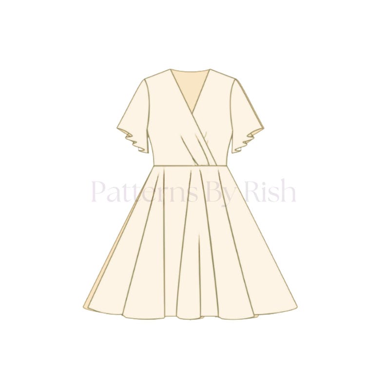 May include: An illustration of a cream-colored dress with a V-neckline and short, ruffled sleeves. The dress has a fitted bodice and a flared skirt. The text "Patterns By Rish" is visible in the image.