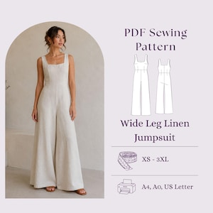 May include: A beige linen wide-leg jumpsuit is shown on a woman. The image includes a PDF sewing pattern graphic with the text "Wide Leg Linen Jumpsuit" and size range "XS - 3XL". Icons for a printer and measuring tape are also visible.