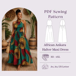 Afrikansk Ankara Halter Maxiklänning Symönster PDF, Boho Aftonklänning DIY