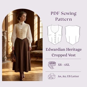 Peut inclure: Un patron de couture PDF pour un gilet court Edwardian Heritage, incluant un dessin technique du devant et du dos, une gamme de tailles XS-5XL et une compatibilité d'impression pour les formats A4, A0 et US Letter.