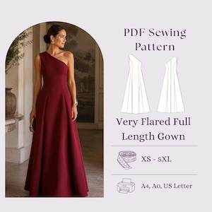 Puede incluir: Un patrón de costura en PDF para un vestido largo muy acampanado. La imagen muestra un vestido granate de un solo hombro, un dibujo técnico del vestido, un icono de cinta métrica con tallas XS-5XL e iconos de impresora para A4, A0 y US Letter.