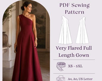 Sehr ausgestelltes Kleid in voller Länge Schnittmuster PDF, ein Schulter-Abendkleid DIY