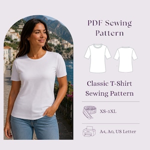 May include: A PDF sewing pattern for a classic t-shirt, featuring a white t-shirt, line drawings of the front and back of the garment, a measuring tape icon, size range XS-5XL, and printer icons for A4, A0, and US Letter paper formats.