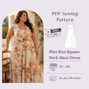 Plus Size Square Neck Maxi Dress Sewing Pattern PDF, Cottagecore Linen Dress DIY