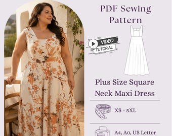 Schnittmuster für ein Maxikleid in Übergröße mit eckigem Ausschnitt (PDF), Leinenkleid im Cottagecore-Stil zum Selbermachen