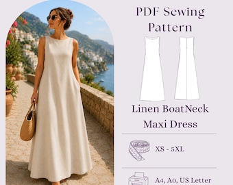 Linen Cottagecore Maxi Dress Sewing Pattern PDF, Boatneck Long Women Dress DIY
