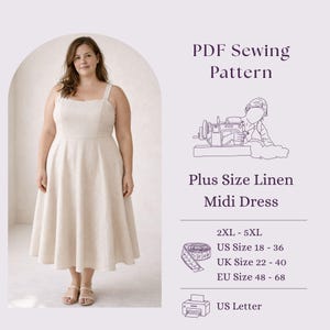 Linen Midi Dress Sewing Pattern, Plus Size XL-5XL (PDF Download)