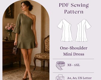 One-Shoulder Mini Dress Sewing Pattern PDF, Asymmetric Party Dress DIY