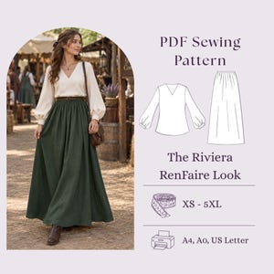 Może przedstawiać: Wzór krawiecki w formacie PDF o nazwie The Riviera RenFaire Look, przedstawiający bluzkę z dekoltem w serek i długimi rękawami oraz długą, ciemnozieloną spódnicę. Grafika zawiera rysunki techniczne, ikonę miarki krawieckiej oraz rozmiary XS-5XL.