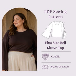 Patron de couture PDF pour haut à manches cloche grande taille, col rond, XL-5XL