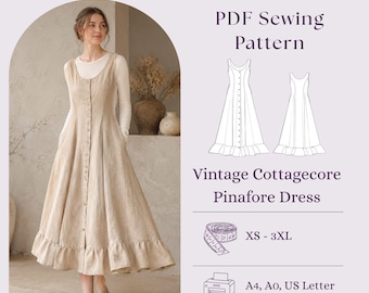 Vintage Cottagecore Pinafore Dress Sewing Pattern PDF, Scandinavian Linen Midi Dress DIY