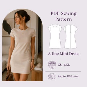 May include: A PDF sewing pattern for an A-line mini dress. The image displays a beige short-sleeved dress, a technical line drawing of the front and back of the garment, a measuring tape icon, and text: PDF Sewing Pattern, A-line Mini Dress, XS - 5XL, A4, A0, US Letter.