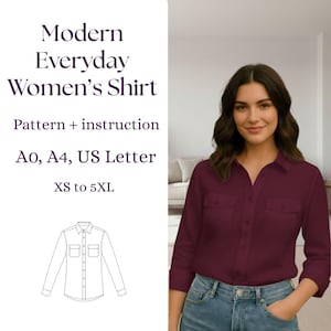 Patrón de costura en PDF para camisa de mujer, tallas XS-5XL, blusa ideal para principiantes, patrón para top de tallas grandes.