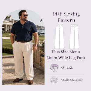May include: A PDF sewing pattern for wide leg trousers, featuring text that reads PDF Sewing Pattern, Plus Size Linen Wide Leg Pant, XS - 5XL, and A4, A0, US Letter. The image includes a line drawing of the trousers and a measuring tape icon.