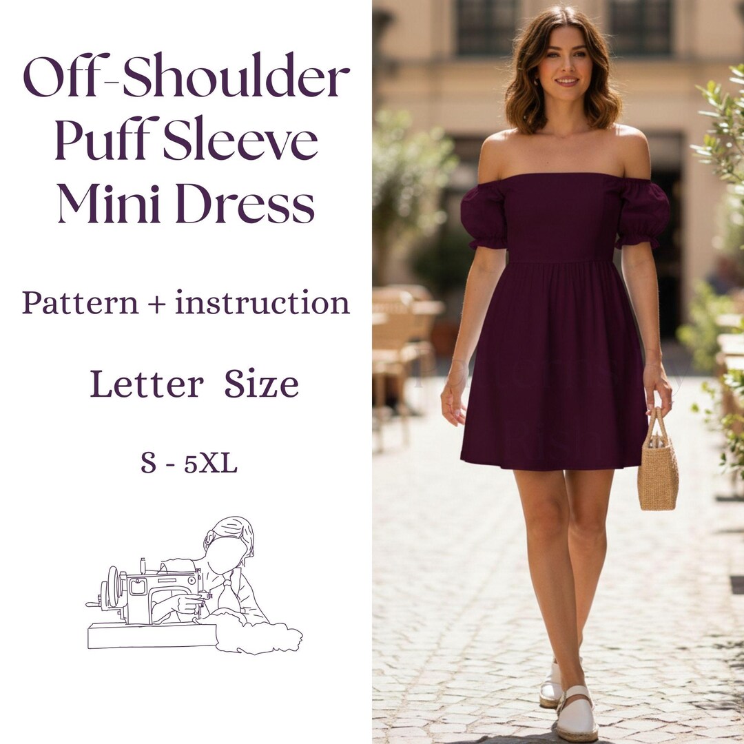 Off Shoulder Mini Dress Sewing Pattern | Puff Bishop Sleeves (PDF ...