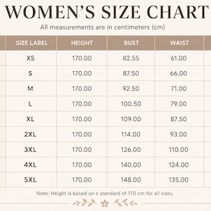 May include: A size chart titled WOMEN'S SIZE CHART with columns for US size, size label, height, bust, waist, and hips in centimeters. The table lists sizes from US 2 to US 30 with corresponding measurements, noting height is 170 cm for all sizes.