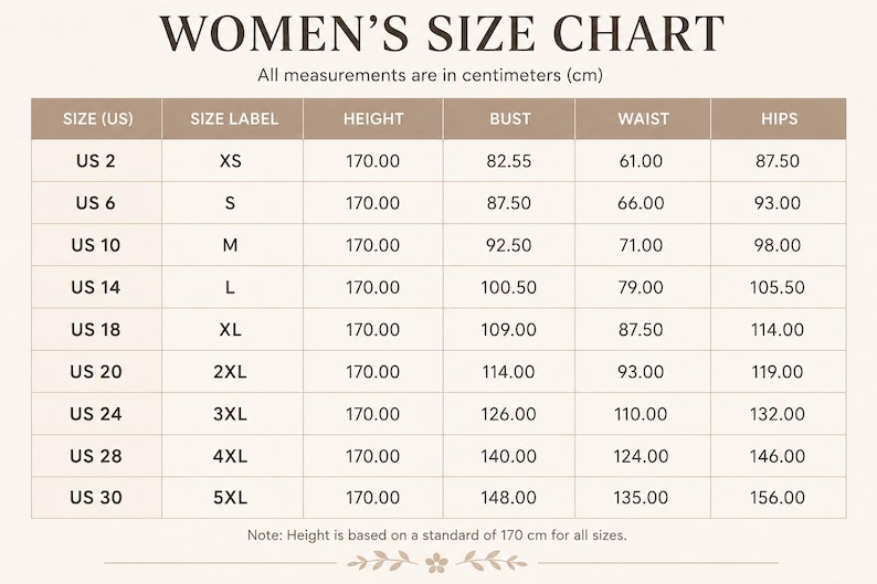 May include: A size chart titled WOMEN'S SIZE CHART with columns for US size, size label, height, bust, waist, and hips in centimeters. The table lists sizes from US 2 to US 30 with corresponding measurements, noting height is 170 cm for all sizes.