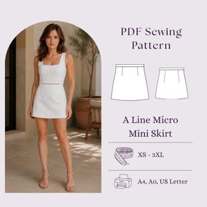 May include: A PDF sewing pattern for an A-line micro mini skirt. The image displays a white two-piece set consisting of a sleeveless crop top and a short skirt. Text includes PDF Sewing Pattern, A Line Micro Mini Skirt, XS - 3XL, and A4, A0, US Letter.