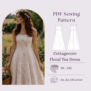 Cottagecore Floral Tea Dress Sewing Pattern PDF, Square Neck Maxi Dress DIY
