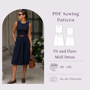 May include: A navy blue sleeveless midi dress with a round neckline and a gathered skirt, cinched at the waist with a brown belt. The image includes text: PDF Sewing Pattern, Fit and Flare Midi Dress, XS - 5XL, and A4, A0, US Letter.