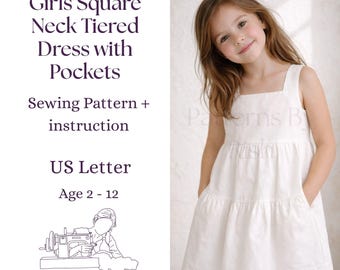 Cartamodello per abito a balze con scollo quadrato da bambina (età 2-12) (download PDF)