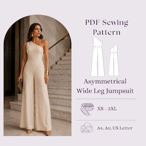 Asymmetrical Wide Leg Jumpsuit Sewing Pattern PDF, One Shoulder Jumpsuit DIY