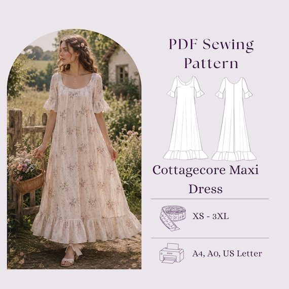 Cottagecore Maxi Dress Sewing Pattern PDF, Floral Ruffle Hem Dress DIY