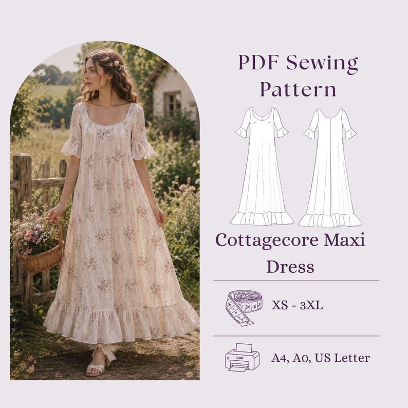 Cottagecore maxi dress sewing pattern PDF featuring a flowing floral dress with ruffle hem and flutter sleeves. Digital sewing pattern available in XS–3XL sizes with A0, A4, and US Letter printable PDF formats included.