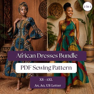 May include: A digital product listing for an African Dresses Bundle PDF sewing pattern in sizes XS-5XL, including A4, A0, and US Letter formats. The image displays two dresses with vibrant, circular geometric patterns in blue, gold, and green tones.