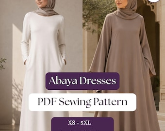 2-in-1 Abaya-Kleid-Schnittmuster, schlichtes Maxikleid, U-Boot-Ausschnitt, ausgestellte Leinenärmel (PDF-Download)