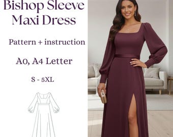 Bischof Ärmel Maxi Kleid Schnittmuster | Eckiger Ausschnitt | Kleid mit Schlitz | S-XL