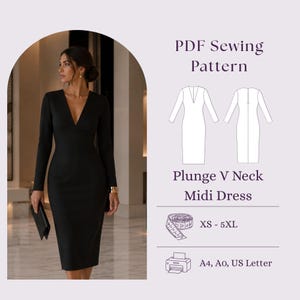 May include: A PDF sewing pattern for a long-sleeve midi dress with a plunge V-neck. The image displays a black dress, a technical line drawing of the front and back, a measuring tape icon, size range XS-5XL, and printer icons for A4, A0, and US Letter.