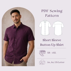 May include: A man in a short-sleeved, button-up shirt in a deep burgundy hue. The image features a PDF sewing pattern for a short-sleeve button-up shirt, sizes XS-3XL, and A4, A0, US Letter paper sizes.