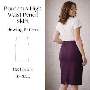 Pode incluir: Uma saia lápis de cintura alta na cor bordô escuro. A saia tem uma fenda nas costas e um fecho de botão. A imagem também inclui um desenho linear da saia e o texto "Bordeaux High Waist Pencil Skirt Sewing Pattern" e "US Letter S - 5XL".