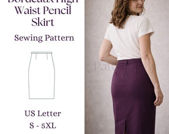 Bordeaux hohe Taille Bleistiftrock Schnittmuster PDF | taillierter Midi-Bürorock | Elegante Arbeitskleidung